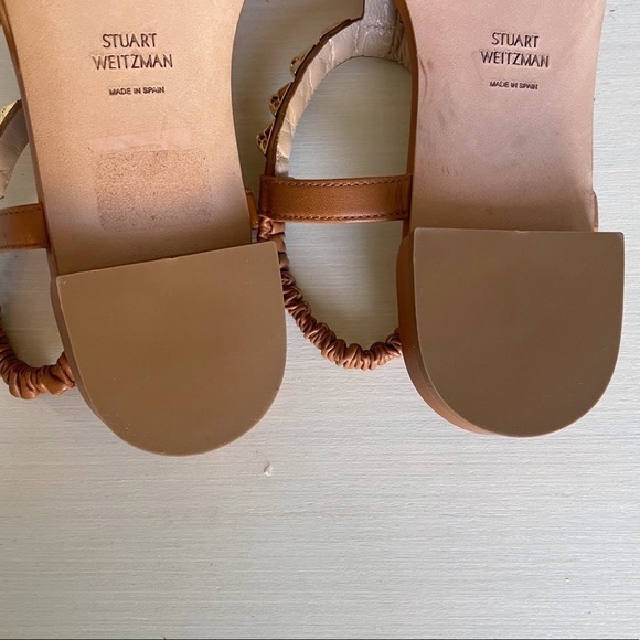 New Stuart Weiztman $450 Brown Leather Gold Rose Appliqué Thong Sandals Flats - Picture 11 of 12